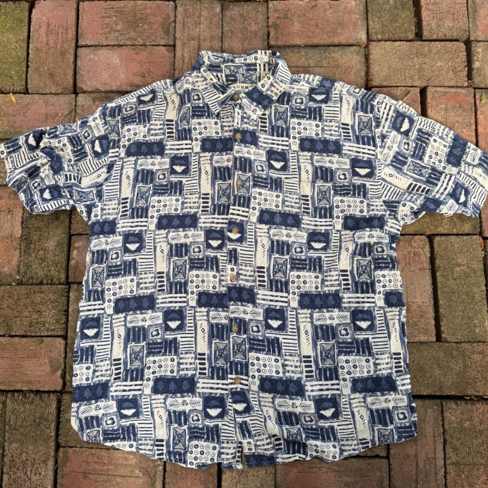 Summa Mens XL Blue Cream Abstract Geometric Block Print Silk Button Up Shirt